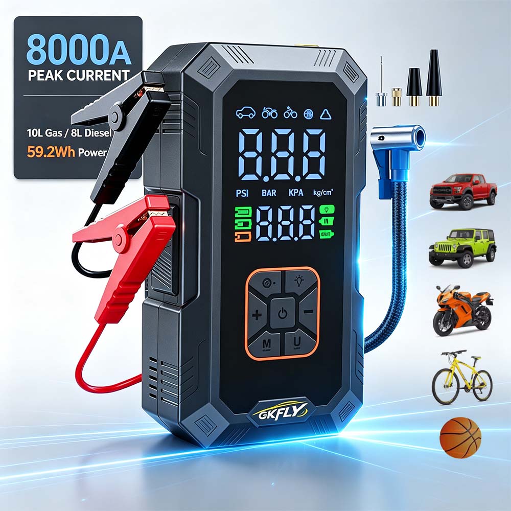 Power Banks - 4 in 1 車用ジャンプスターター 8000A（ピーク電流）、150PSI（最大圧力）のエアコンプレッサー、タイヤ空気入れ機能、59.2Whバッテリー、10Lガソリン車/8Lディーゼル車対応、モバイルバッテリー機能
