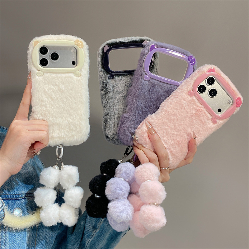 Phone Cases - 高級感のある無地のファー素材のプラッシュフォンケース iPhone 17 Air 16 15
